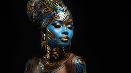 black tribal woman with with blue and gold ornaments