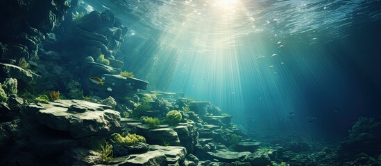 The underwater world offers a vibrant texture of green as the tropical sea merges with the ocean creating a natural habitat for diverse marine life and wildlife in the aquatic environment - obrazy, fototapety, plakaty