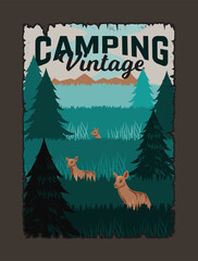 Naklejka na ściany i meble National park vintage poster. Deers in forest with trees. Wild life and fauna, nature. Camping and hiking. Banner or cover. Cartoon flat vector illustration isolated on beige background