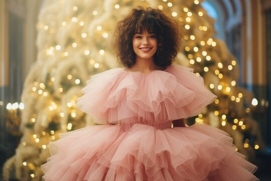 Cheerful woman poses with joy in a voluminous pink dress against the backdrop of a twinkling christmas tree