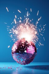 Illuminated blue disco ball shattering with bright sparks on a blue background, capturing a lively atmosphere