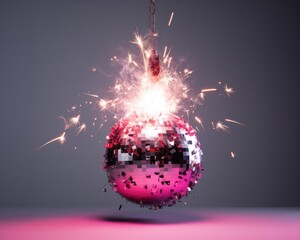 Sparkling pink disco ball with vibrant explosion effect against a gray background in high resolution