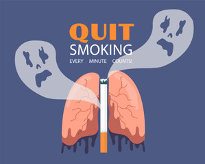 Quit smoking concept. Fight against bad habbits. Refuse from cigarettes, nicotine and tobacco. Poster or banner for website. Cartoon flat vector illustration isolated on blue baackground