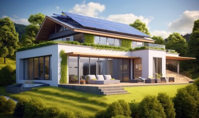 Fototapeta na wymiar Modern eco-friendly single-family homes with photovoltaic cells. Generative AI