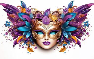 Mardi Gras poster. Banner template with purple Venetian masquerade mask for women isolated on white background. Sequin mask for carnivals. Costume party. Paper mache face covering. AI Generative