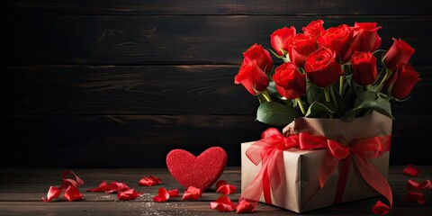 Romantic Bounty - Compose a captivating scene with a large bunch of red roses alongside a gift bag adorned with a heart. 