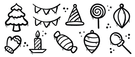 Set of Christmas elements. Snow spray paint vector. Graffiti, grunge elements of winter glove, sock, tree, present, star and cute doodle. Design illustration for decoration, card, sticker, wall decor.