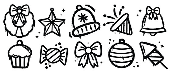 Set of Christmas elements. Snow spray paint vector. Graffiti, grunge elements of winter glove, sock, tree, present, star and cute doodle. Design illustration for decoration, card, sticker, wall decor.