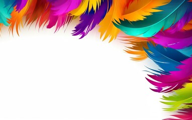 Obraz premium Happy Mardi Gras poster. A banner template with bright feathers isolated on white background, copy space at the left. Costume party flyer for carnivals. AI Generative