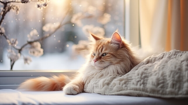 Cute ginger cat lying on the windowsill in winter. Fluffy pet.