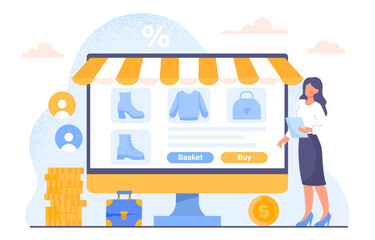 Online business shop concept. Woman near computer monitor with goods and products. Electronic commerce and online shopping. Owner of market on internet. Cartoon flat vector illustration