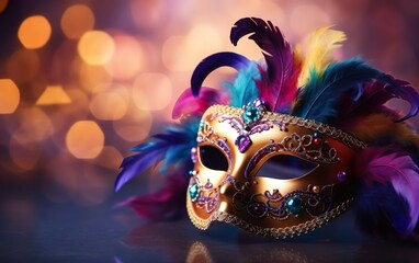 Happy Mardi Gras poster. Banner template with a photorealistic Venetian carnival mask, bright feathers, on warm blurred background. Costume party flyer for masquerades. Bokeh, de focus. AI Generative - obrazy, fototapety, plakaty