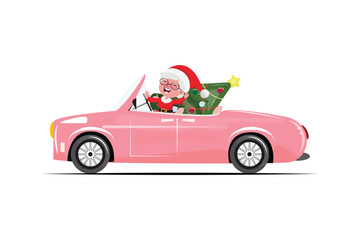 Mrs Claus driving in the pink cabriolet and transporting a Christmas tree.