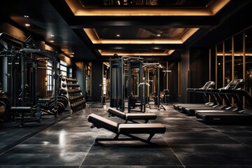 Gym with barbells and different equipment, luxurious aesthetic, created with AI - obrazy, fototapety, plakaty