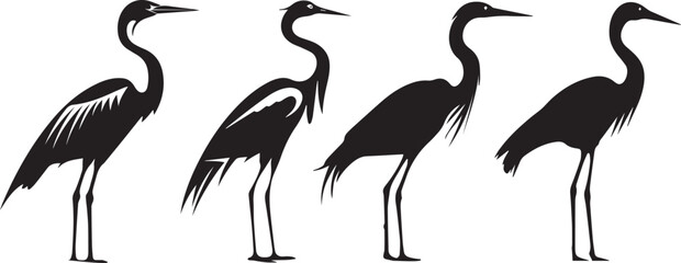 silhouette of a bird, heron silhouettes set, 4 silhouettes of heron