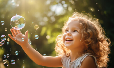 Bubble Bliss, Happy Child Engrossed in Playful Soap Bubble Fun