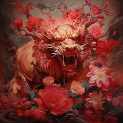 Red dragon in the peony garden by Ai generated