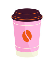 Package for food concept. Colorful container, pink cup. Fastfood and takeaway eating. Mug for coffee shop or cafe. Cartoon flat vector illustration isolated on white background