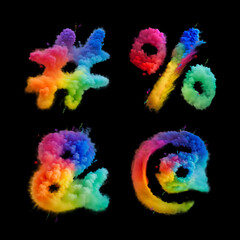 Raster font set with letters made of rainbow colors smoke powder. Abstract style alphabet made with Generative AI technology.