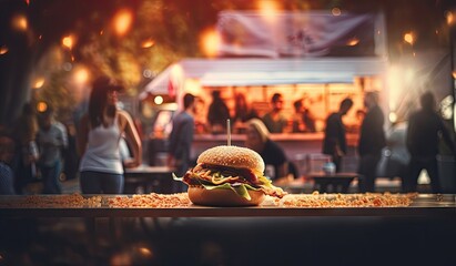 Food truck serving food, open store in a festive atmoshpere, created with AI