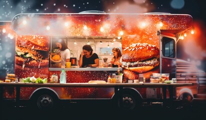 Food truck serving food, open store in a festive atmoshpere, created with AI