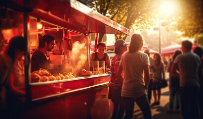 Food truck serving food, open store in a festive atmoshpere, created with AI