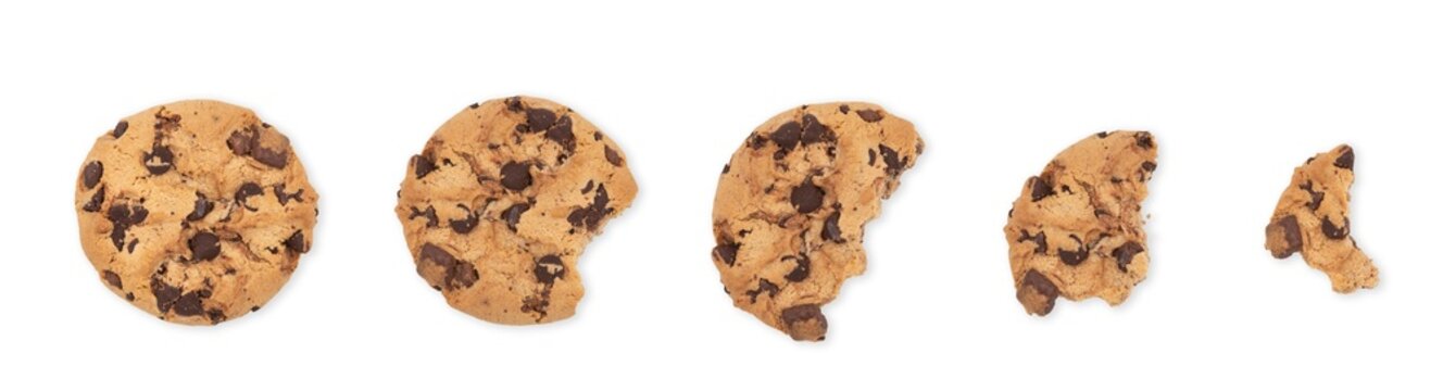 Top view of progression of an eaten chocolate chip cookie isolated on cutout png background