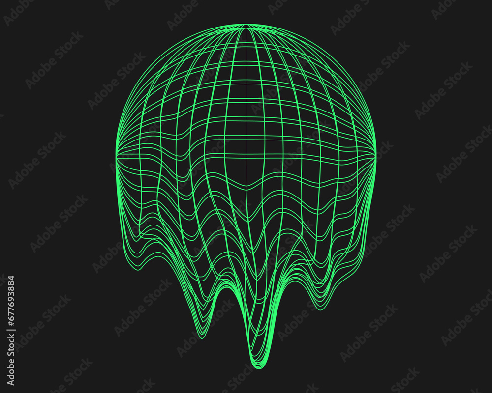Poster cyber distorted shape, retro punk design element. wireframe wave geometry shape on black background.