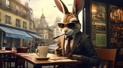 rabbit dressed as a hipster in a Paris street cafe - obrazy, fototapety, plakaty