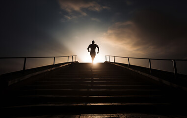 An image of a man, achieving his goal after an uphill climb - obrazy, fototapety, plakaty