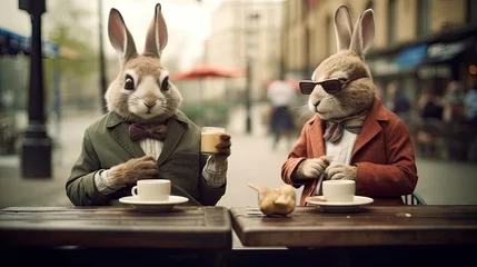 Tuinposter rabbit dressed as a hipster in a Paris street cafe © Phimchanok