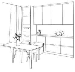 Interior sketch of modern kitchen. Line illustration