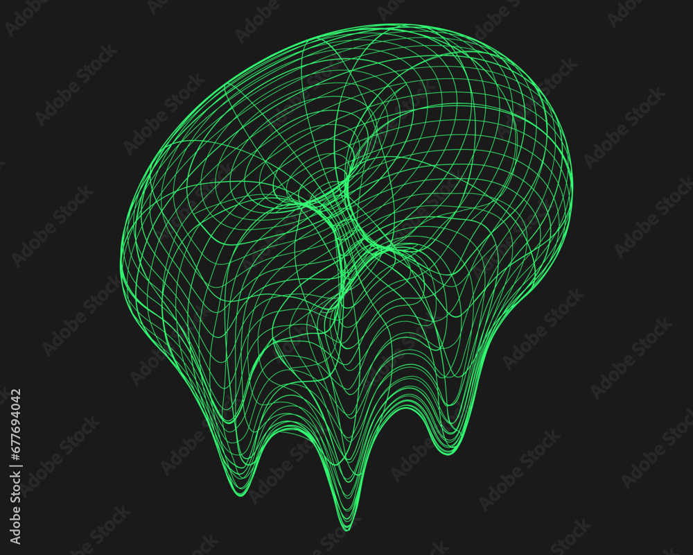 Poster cyber distorted shape, retro punk design element. wireframe wave geometry shape on black background.