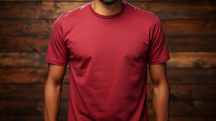 Mockup of a plain dark red cotton t-shirt. T-shirt for design print. Basic collarless t-shirt template. Man with a plain t-shirt to place logos, brands or drawings. Front of shirt. Copy space. - obrazy, fototapety, plakaty