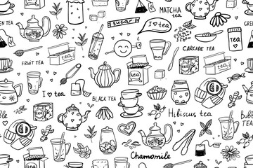 Seamless pattern of hand drawn tea theme elements in doodle style. I love tea, tea time. Cute vector illustration EPS10. Isolated on white background - obrazy, fototapety, plakaty