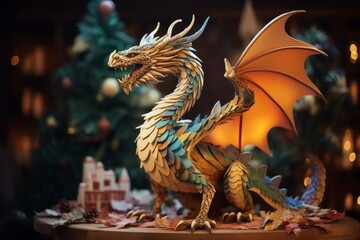 Chinese New Year with a dragon. The dragon is the symbol of 2024. Christmas card with a dragon on the background of a Christmas tree.