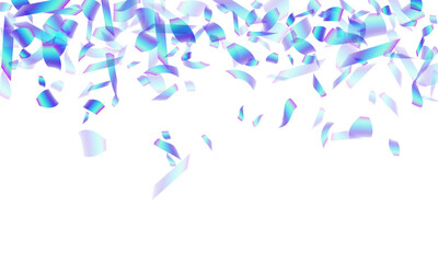 Festive flying confetti scatter vector illustration. Blue  hologram elements festival decor. Cracker poppers party confetti. Holiday celebration decoration background. Happy mood.