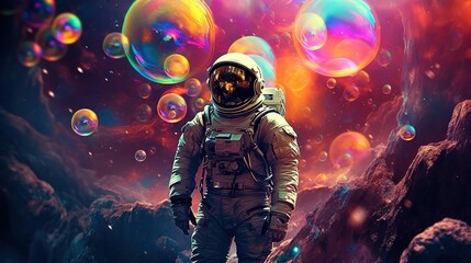 Beautiful painting of an astronaut in in a colorful bubbles galaxy on a different planet. Pop art concept