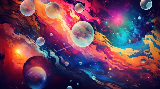 Beautiful painting of an astronaut in in a colorful bubbles galaxy on a different planet. Pop art concept