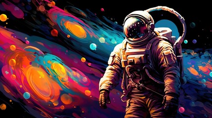 Beautiful painting of an astronaut in in a colorful bubbles galaxy on a different planet. Pop art concept