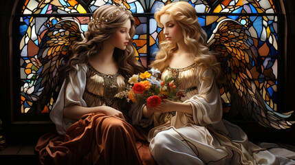 stained glass window in saint cathedral with two girls