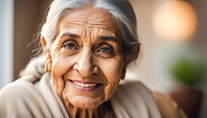 Beautiful elderly woman at home  with copy space - obrazy, fototapety, plakaty