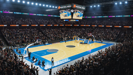 Sold Out Arena with Spectators Watching a National Basketball Tournament Match. Teams Play, Diverse...