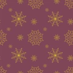 Naklejka na ściany i meble Seamless Christmas pattern with gold snowflakes on red background. Winter decoration. Happy new year vector illustration, for cards, packing, wallpaper and other.