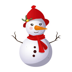 Cute snowman with red hat. Vector illustration