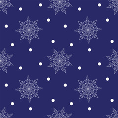 Fototapeta na wymiar Seamless Christmas pattern with white snowflakes on dark blue background. Winter decoration. Happy new year vector illustration, for cards, packing, wallpaper and other.