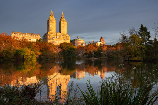 Central Park West Historic District by the lake on autumn morning. Upper West Side of Manhattan. New York City