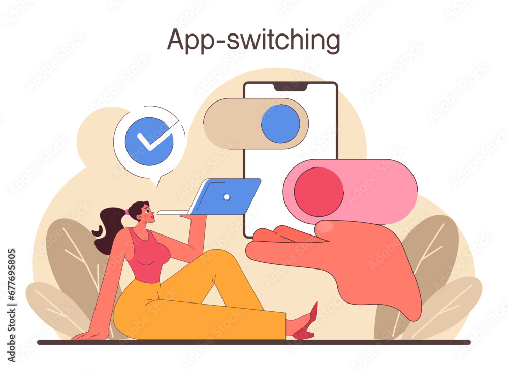 Poster digital multitasking. effective and competent office worker media consumption management. business p