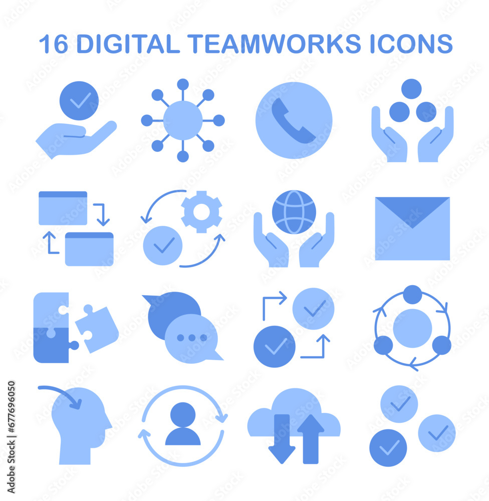Poster digital teamworks icon set. essential collection for virtual collaboration and online project manage