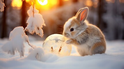A fluffy bunny hops through a field of snow, playfully nuzzling a glistening Christmas ornament. - obrazy, fototapety, plakaty